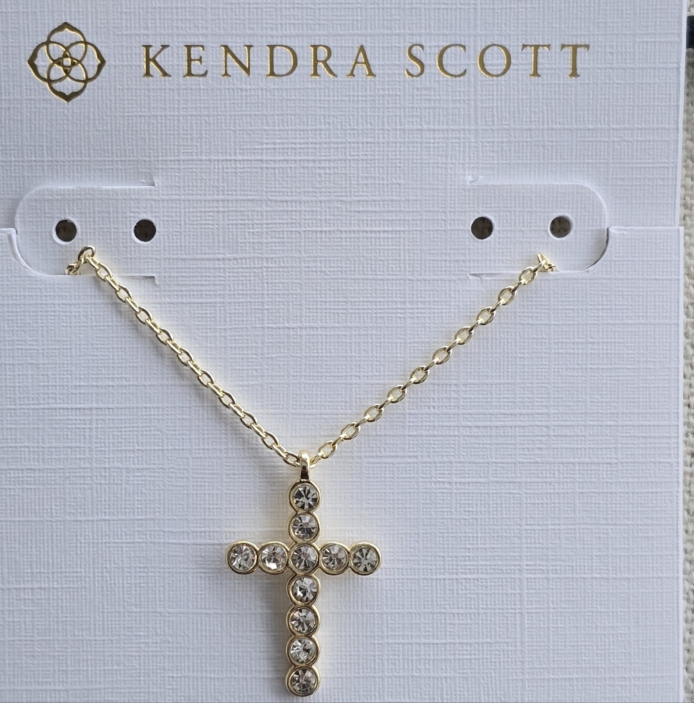Kendra Scott Cross Gold  Pendant Necklace In White CZ